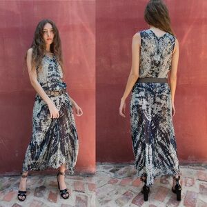 RAQUEL ALLEGRA Mist and Navy Tie Dye Maxi Sheer Silk Tie Waist V-neck Dress 0